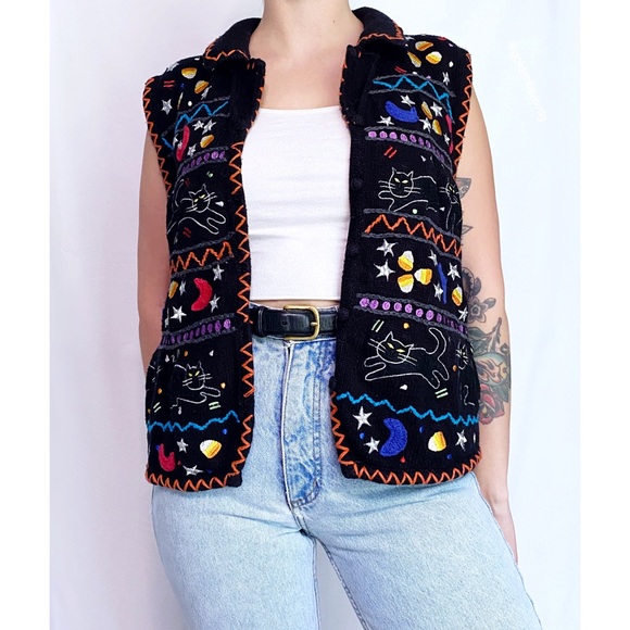 Vintage Sweaters - Vintage Halloween Embroidered Woven Knit Button Down Novelty Sweater Vest